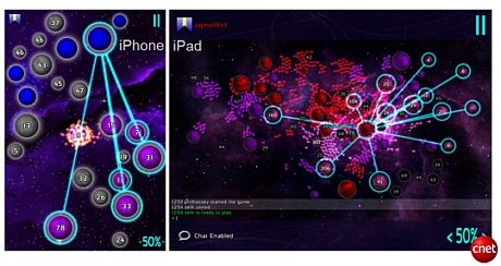 　公正を期するために言えば、「Galcon Fusion」はiPhoneでは利用できない。だが、このゲームの前身である「Galcon」と「Galcon Labs」の2つはiPhone向けとして始まった。Galcon Fusionは、基本的には同じコアによるゲームだが、ライブチャットが付いている。

　ここでの大きな違いとして、iPad版のGalconの方が、銀河が大きく惑星も多くなっている。iPhoneや「iPod touch」では、比較的小さな惑星を選択することや、一度に複数の艦隊を率いることが難しいと感じられていたかもしれないが、大きくなった画面では、より正確に行うことができる。

　左側がiPhone向けGalconのスクリーンショットで、その隣がiPad向けのGalcon Fusionだ。

　Galcon Fusion（9.99ドル）