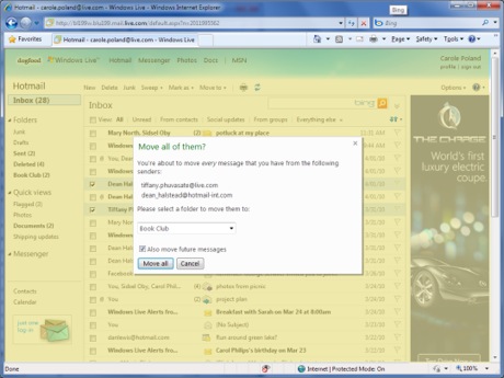 　Hotmailの新しい「Sweep」機能により、ユーザーは特定の送信者からの全メッセージを選択して、削除したり、特定のフォルダに振り分けたりすることができる。