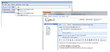 　Firefox 4の最も興味深い機能の1つは、特定のウェブアプリケーション用に小型タブを表示する機能である。画像の例では、「Gmail」と「Google Calendar」が画面左側でタブ表示されている。