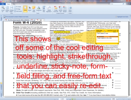 誰もが使える無料の編集ツール

　Nitro PDF Readerのリボンインターフェースは、Nitro PDF Professionalから受け継いだものだが、そんなことは関係ない。PDF文書はタブで表示することができる。PDF文書の編集機能としては、蛍光マーカー、打ち消し線、下線といったツールがあるほか、付箋ツールを利用して自由な形式のコメントを入れることができる。フォーム記入ツールかテキスト入力ツールを利用して、PDF文書にテキストを追加することも可能だ。PDF文書を作成するには、ドラッグ＆ドロップや、プログラム内のPDF文書作成ツールを利用すればいい。