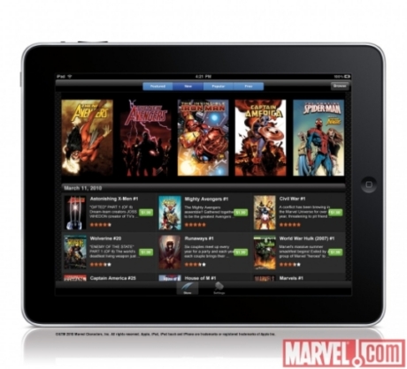　iPad用「Marvel Comics」アプリケーション。「Iron Man」「Captain America」「Spider-Man」「Hulk」をはじめ、さまざまな漫画タイトルを500以上そろえる。漫画1タイトルあたり1.99ドルで提供される。