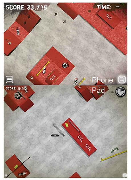 　「Touchgrind」は指を使ってプレイするスケートボードゲームで、より大きな画面の必要性がかなり高いゲームだ。

　iPad版の大きなメリットは、サイズそのものだ。自分の前にあるものがより多く見えるようになったので、トリックに備えたり障害物を避けたりすることができるようになった。

　iPad版にはまた、画面分割や2人プレイモードが加えられた。iPhoneやiPod touchの1つの画面をほかの人と共有しようとしても、このようなことはできそうもない。

　「Touchgrind HD」（7.99ドル）