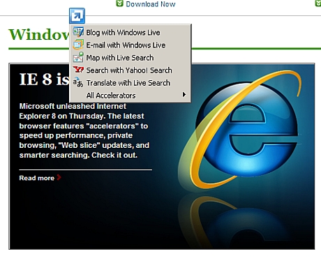 　Internet Explorer 8は、ウェブスライスやこの画像にあるAcceleratorsなどの機能が追加された。Accelerators機能は、単語やフレーズをハイライトした時に現れるコンテクストメニューである。