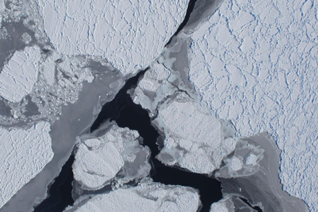 　南極での融氷が世界の海面に及ぼす影響について、科学者たちが理解を深めようとしている中、米航空宇宙局（NASA）は、南極で氷床と海氷のデータを収集する秋のミッションを完了した。この任務では、NASAの名前のうち「航空」の部分が強調され、上空飛行には、衛星やスペースシャトルではなく、かつて商業飛行に使用されていた「DC-8」ジェット旅客機が用いられた。10月と11月に実施された飛行は、6年間にわたって地球の両極地域を研究しているアイスブリッジ調査（Operation Ice Bridge）の一環だった。

　この画像は、アムンセン海に広がる氷棚の一部。同調査でこの秋最初の飛行が実施された米国時間10月16日に撮影された。撮影には、DC-8に下向きに取り付けられたDigital Mapping Systemのカメラが使用された。
