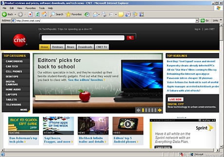 　Internet Explorer 6で2010年8月16日時点の米CNETホームページを表示したところ。驚くべきことに同ブラウザはリリースから約9年になる。