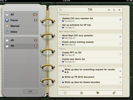 ToDo

　iPad用の「やることリスト」管理アプリは山のように出ているが、わたしが気に入っているのはToDoだ。このアプリのUIは昔のシステム手帳のようで、Toodledoのサービスとオンライン同期できる。