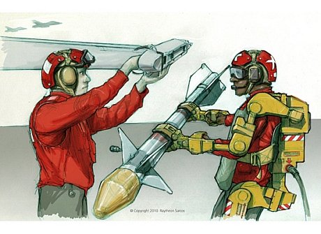 　この想像図では、航空母艦上でミサイルの装着を支援するXOS 2が描かれている。