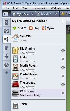 　ダッシュボードからOpera Uniteサービスの共有機能の操作や管理が可能になっている。
