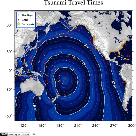 　この地図は、29日の米国領サモアの地震で発生した津波の伝播時間を示している。