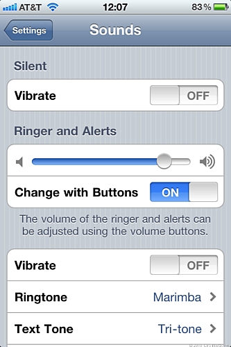 「Ringer and Alerts」の設定

　iPhoneの左側面にあるボリュームボタンで着信音やアラート音の音量を調節するか否かを設定画面で選択できる。
