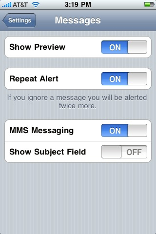 メッセージ用オプション

　メッセージ用設定メニューで、マルチメディアメッセージングを無効にできる。
