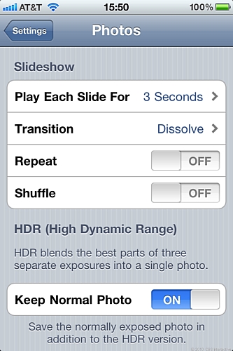 iOS 4.1での写真撮影

　HDR写真のみをギャラリに保存するよう選択できる。このオプションには、SettingsメニューのPhotosセクションからアクセスできる。