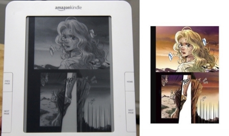 　コミックブックの場合、Kindle端末の電子ペーパーは、白黒にしか対応していない。しかし、iPhone版のKindleアプリケーションではカラー表示が可能なため、コミックスやグラフィックノベル、イラストレーションに対する潜在性を示している。