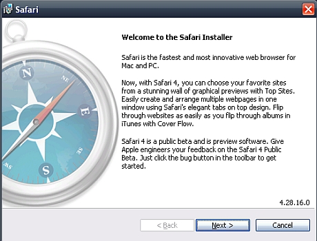 まずはインストール。「SafariはMacとPC向けの最速かつ最も革新的なウェブブラウザ」と謳っている。
