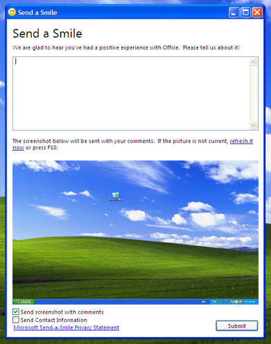 　Microsoftへのレポート画面。同社は、Office 2010が役に立っているかを教えてくれるよう、ユーザーに呼びかけている。