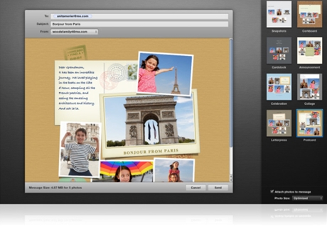 iPhoto '11の共有

　iPhotoで電子メールメッセージを作り、iPhotoから送信できるようになった。8種類のテーマが用意されており、電子メールの編集画面で写真をアレンジすることもできる。