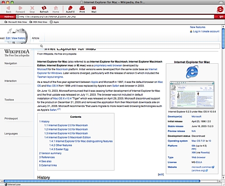 3．Internet ExplorerがMacのデフォルトブラウザになる。

　1997年に結ばれた契約の一環として、AppleはMicrosoftのInternet Explorer（IE）をMacの標準ウェブブラウザにした。当時、Microsoftはウェブブラウザの覇権争いでNetscapeと激しい戦いを繰り広げていた。忘れ去られがちなことであるが、「Internet Explorer 3.0 for Mac」は当時における優秀なソフトウェアであった。というのも、数多くのMicrosoft技術者がIEの開発に従事していたためである。その後、Microsoftがブラウザ戦争に勝利し、競合への関心を失った結果、IEは動作が遅く、大量のリソースを消費し、バグが多いという評判を生み出すことになってしまった。しかしながら、1997年の時点でMac向けの優れたウェブブラウザが2つ（Mosaicを入れれば3つ）提供されていたという状況は、「iMac」の発売を直前に控えており、数多くのコンシューマーがインターネットに接続するためのコンピュータを新たに手に入れようとしていたということを考えれば特に、好ましかったと言えるだろう。