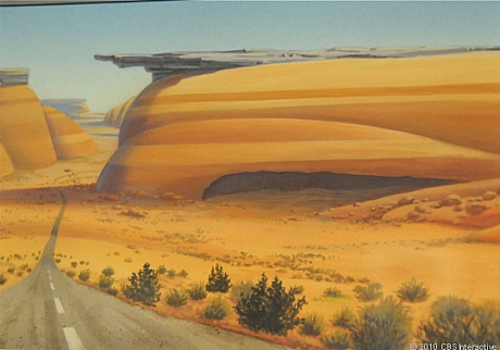 　アリゾナ州からユタ州にかけてあるモニュメント・バレーにある自然が造り上げた素晴らしい景色を参考にし、Tia Kratter氏が「カーズ」用にアクリルで描いた「Ornament Valley」。