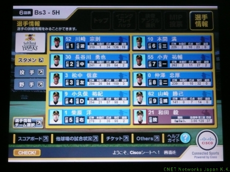 　選手情報では、日本野球機構（NPB）の公式記録データベースシステム「NPB BIS」から流れる選手情報をリアルタイムで見られる。他の球場での試合状況もリアルタイムで見られるようにもなっている。
