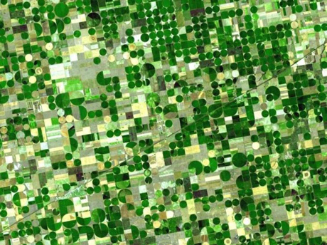 第8位：農作物の収穫量の予測

　米地質調査所とNASAは1970年代、大規模な農作物の収穫を詳細に示すことができる衛星機器を開発した。この機器は、小麦、とうもろこし、大豆などの年間収穫量を見積もり、農作物の不足や余剰を世界的規模で予測するのに役立つ。


　これは、2001年のカンザス州の収穫量を円で示したイメージ。