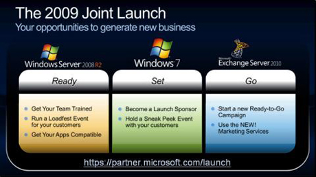 　このスライド（拡大図）は、Windows 7、Windows Server 2008 R2、Exchange Server 2010のビジネス「ローンチ」に関連する市場投入戦略をより詳細に示したものだ。テーマは「準備完了（ready to go）」になるようで、パートナー自身がこれら3つの製品を確実に稼動することから始まるようだ。Windows 7の「予告編」もアジェンダにあった。