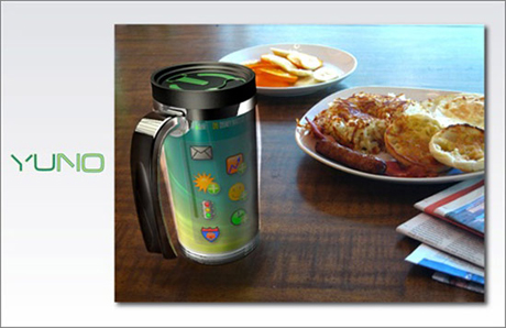 　最終選考に残った「Yuno」は、「朝の飲み物のためのマグカップというだけではなく、あなたが欲しいと思う情報のみを表示するタッチスクリーンディスプレイでもある」という。