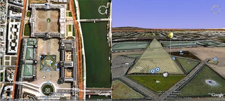 　同社は、有名な場所の高画質3Dレンダリングを独自に登録している。だがその一方で、地球全体をモデル化する作業についてはまだ完了していない。パリのルーブル美術館（左）も、I. M. Pei設計のガラスのピラミッド（右）はレンダリングされているが、ほかは衛星写真が流用されている。