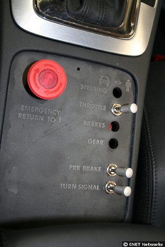 　また、運転席と助手席の間に用意されたスイッチは、ブレーキ、アクセル、ハンドルなどの処理を保守する場合、ロボット制御をテストするのに使われる。
