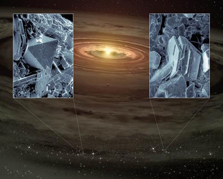 　Spitzer宇宙望遠鏡は初めて、若い惑星システムに拡散する石英のような水晶を検出した。この水晶はそれぞれ、クリストバル石、鱗珪石とよばれるシリカ鉱物の一種。2枚の白黒画像が、そのクローズアップ画像（左がクリストバル石、右が鱗珪石）である。メインの画像は、若い星と惑星を形成する物質が渦巻くというアーティストのコンセプト画像。