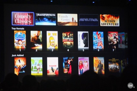 　「Apple TV」はアクセサリとして設計された、とJobs氏。しかし、人々はそれを望んでいなかったという。映画レンタルオプションを紹介している。