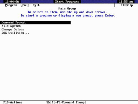 　初めてMS-DOS 4を起動すると、DOS Shellの「Start Programs」画面が表示される。見ての通り、Main Groupでは、Command Prompt、File System、Change Colorsページ、DOS Utilitiesグループにアクセスできる。

　細かく見ると、Program Manager、さらにはStartメニューの原点を見ることができる。