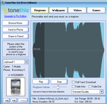 フリーウェア：ToneThis
代替対象：携帯電話の着信音配信サイト、iTunes Store、Thumbplay.com
節約金額：1曲当たり約1ドル

　着信音メーカー「ToneThis」は特別魅力的でも先進的でもないが、無料で非常に使いやすく、着信音、携帯電話用の動画、写真をPCで作成、編集し、携帯電話にSMSで送信できる（対応モデルを参照）。いくつかやっかいな欠陥はあるが、中核的な機能は十分動くため、財布の中身を気にする人にはお勧めだ。

　もっと思い通りに着信音を作りたい場合は、「Audacity」を使えば、曲の一部を切り取ったり、音質を補正したりできる。この人気のフリーウェアアプリケーションは、ポッドキャストの作成にもよく使われている。