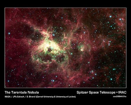 　NASAのSpitzer宇宙望遠鏡は、タランチュラ星雲のクモの糸と生まれたばかりの星を驚くほど細かくとらえている。多くの星が形成されているこの領域は「旗魚座30」という名前でも知られている。この燃えるようなちりとガスの雲は、私たちの銀河系に最も近い銀河である大マゼラン雲にあり、主に南半球から見ることができる。この宇宙に浮かぶ大釜の画像は、星の誕生、そして死を司る複雑な物理プロセスと化学の瞬間をとらえている。

　星雲の中心部には、「R136」という名前で知られる、巨大な若い星を含む小さな星団がある。これらの青い超巨星の最も明るい星の質量は太陽の100倍以上で、10万倍以上の明るさがある。これらの星の寿命は短く、少なくとも天文学の基準では、200〜300万年ほどで核燃料を使い果たす。