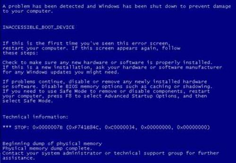 STOP: 0x0000007B
INACCESSIBLE_BOOT_DEVICE
　このSTOPエラーは、Windows XPが起動プロセス時にシステムパーティションまたはブートボリュームにアクセスできなくなったことを示している。