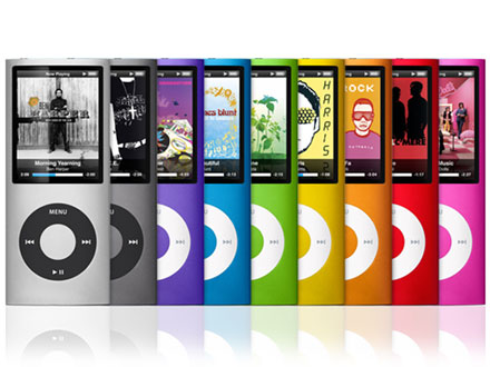 　第4世代iPod nanoのカラーラインアップは目にも鮮やか。9色の品揃えは、iPod shuffleのように鮮烈。iPod classicと同様にシルバーとブラックがあるが、この2色のクリックホイールは黒。白のクリックホイールが付いているのは、ピンク、レッド、オレンジ、イエロー、グリーン、ブルー、そしてパープルのモデルである。