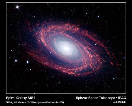 　このNASAのSpitzer宇宙望遠鏡の画像には、近くにある「M81」銀河の巨大な渦巻腕がはっきりととらえられている。北の星座であるおおぐま座（北斗七星を含む）に位置するこの銀河は、双眼鏡や小型の望遠鏡で簡単に見ることができる。M81は1200万光年の距離にある。