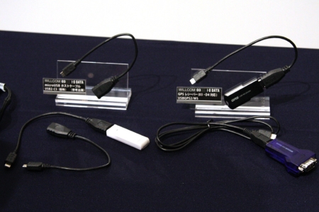 　「WILLCOM 03」の発売に合わせて周辺機器も続々と登場。発表会場でも各種機器が展示されていた。USB関連では、さまざまなUSB機器に接続できるUSBホストケーブル、USB対応のGPSモジュールなどを展示。