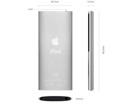 　Appleは前面から背面にかけてシームレスのアルミニウムのケースを採用する方針に回帰した。他のすべてのiPod同様、Apple Storeで購入すると無料でオリジナルメッセージを刻印できる。