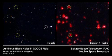 　天文学者は、NASAの3つの大天文台で、隠れたブラックホールを求めて遠い宇宙を徹底的に調べているが、可視画像ではほとんどのブラックホールは目に見えないという結論に達している。左側のNASAのHubble宇宙望遠鏡の画像に写っているのは、大天文台深宇宙オリジン・サーベイ（GOODS）での、宇宙全体の200分の1の画像だ。画像には、3つのX線源（丸で囲まれた部分）をはじめ、多くの銀河がとらえられている。右側の画像は、HubbleとNASAのSpitzer宇宙望遠鏡のデータを合成したもので、同じ領域が示されている。2つの「強い」X線源（X線の最も短い波長でのみ検出されるX線源で、ここでは黄色い丸で示されている）は、可視画像では非常にぼやけているが、赤外線画像ではずっと明るい。このデータから、X線源はちりに隠されたブラックホールの可能性がある。
