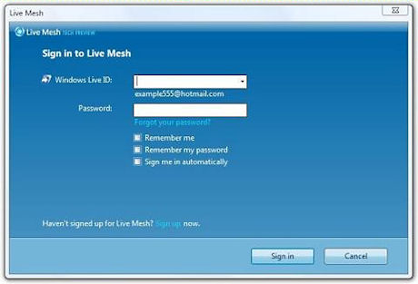 　Sign Inダイアログボックス。Windows Live IDを入力する。
