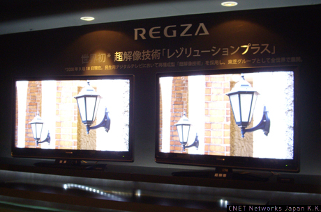 液晶テレビ「REGZA」に採用された超解像技術の比較展示デモ。従来機（左）に比べ、超解像技術搭載機（右）は、壁などのディテールがはっきりと見える。草木などでは葉の1枚1枚が際立つイメージだ。