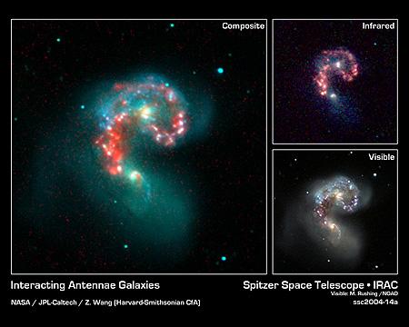 　NASAのSpitzer宇宙望遠鏡からのこの着色像では、衝突する「アンテナ」銀河の中心にある、隠れていた生まれたばかりの星の群れが見える。それぞれ「NGC 4038」「NGC 4039」という名前で知られるこれら2つの銀河は6800万光年離れた場所にあり、約8億年の間、融合し続けている。Spitzerの最新の観測では、この衝突のプロセスによって星の形成が一気に引き起こされている瞬間が、この2つの銀河が重なり合っている領域でとらえられている。
