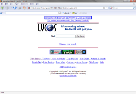 　「Lycos」はAltaVistaと同様、初期に人気があった検索エンジンだ。何度も所有者が変わったが、今でも人気のある検索エンジンだ。

　このページは1996年10月に撮影された。