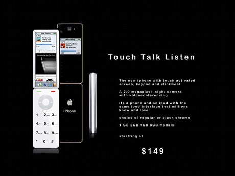 　iLounge.comに寄せられた数多くのiPhoneのデザインのうちの1つ、タッチスクリーンに音楽再生機能を備えた折りたたみ式の携帯電話だ。