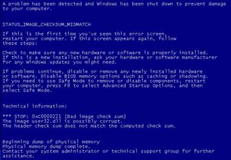 STOP: 0xC0000221
STATUS_IMAGE_CHECKSUM_MISMATCH
　このSTOPエラーは、ドライバ、システムファイル、またはディスク破損の問題（ページングファイルの損傷など）を示している。