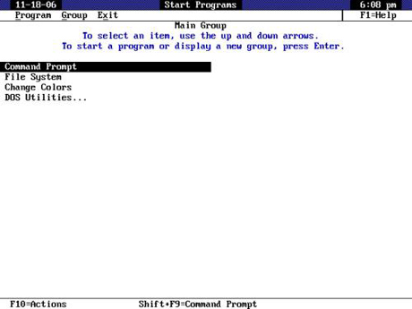 　「DOS 4.01シェル」は、より簡単にアプリケーションプログラムを実行し、一般的なDOSコマンドを使えるようにするメニューシステムとして設計された。

　シェルはStart ProgramsとFile Systemの2つの異なるインターフェースで構成されている。Start Programsインターフェースはスタートメニューの前身、File SystemはWindowsエクスプローラの前身と考えることができる。

　見ての通り、Main Groupには、Command Prompt、File System、Change Colors、DOS Utilitiesの4項目が含まれていた。4番目のDOS Utilitiesは実際にはサブグループである。

　キーボードからDOS 4.01のシェルを操作するには、[F10]、[Tab]、矢印キーを組み合わせて使う。さらに、ドライバをインストールし、マウスを使って操作することもできる。