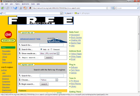 　CNET Networks（現CBS Interactive）は非常に早い段階で「Search.com」ドメインを購入した。Search.comはDogpileのようなメタ検索エンジンだ。

　このページは1996年10月に撮影された。