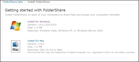 初めてWindows Live FolderShareを利用する場合は、「Get started」をクリックする。そうすると、クライアントソフトのダウンロード画面に移る。Mac OSXにも対応している。