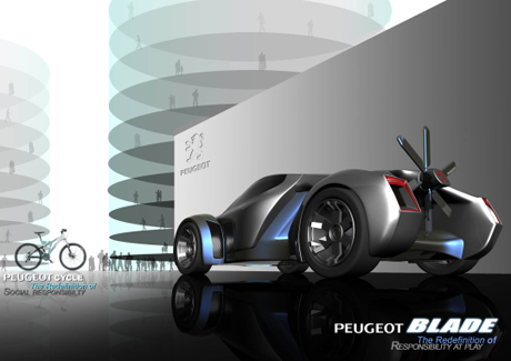 　Peugeotは2008年のテーマとして、応募者らに「未来の世界的メガロポリス」にふさわしい車の設計を呼びかけた。応募者らは、「社会との調和」と「環境への配慮」を念頭に置いた設計が求められた。

　その点、シンガポールのYing Hui Choo氏の作品は、まさに社会との調和を考慮して設計されている。同氏が設計した電気自動車「Peugeot Blade」は車輪にモーターが付いており、あくまでドライブを楽しむための車だ。