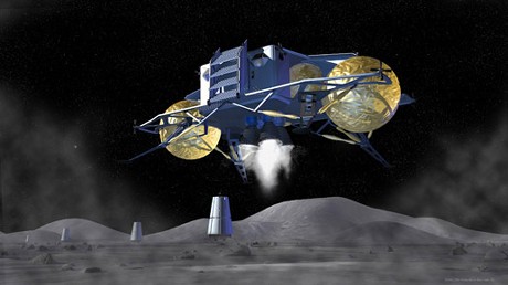 　NASAは地球から月へ、そしてさらに遠く彼方へまで人類の足跡を残そうしている。NASAは月面に基地を建設し、2024年には基地の中に居住空間を作る計画を発表した。2020年頃から宇宙飛行士4人が基地で作業することを計画している。1回の滞在期間は1週間程度だという。このプロジェクトの主要目的の1つは、宇宙探査や火星探査の出発点を築くことだ。イラストは、基地建設に必要な部品を載せた最初のシャトルが月面着陸するイメージ。